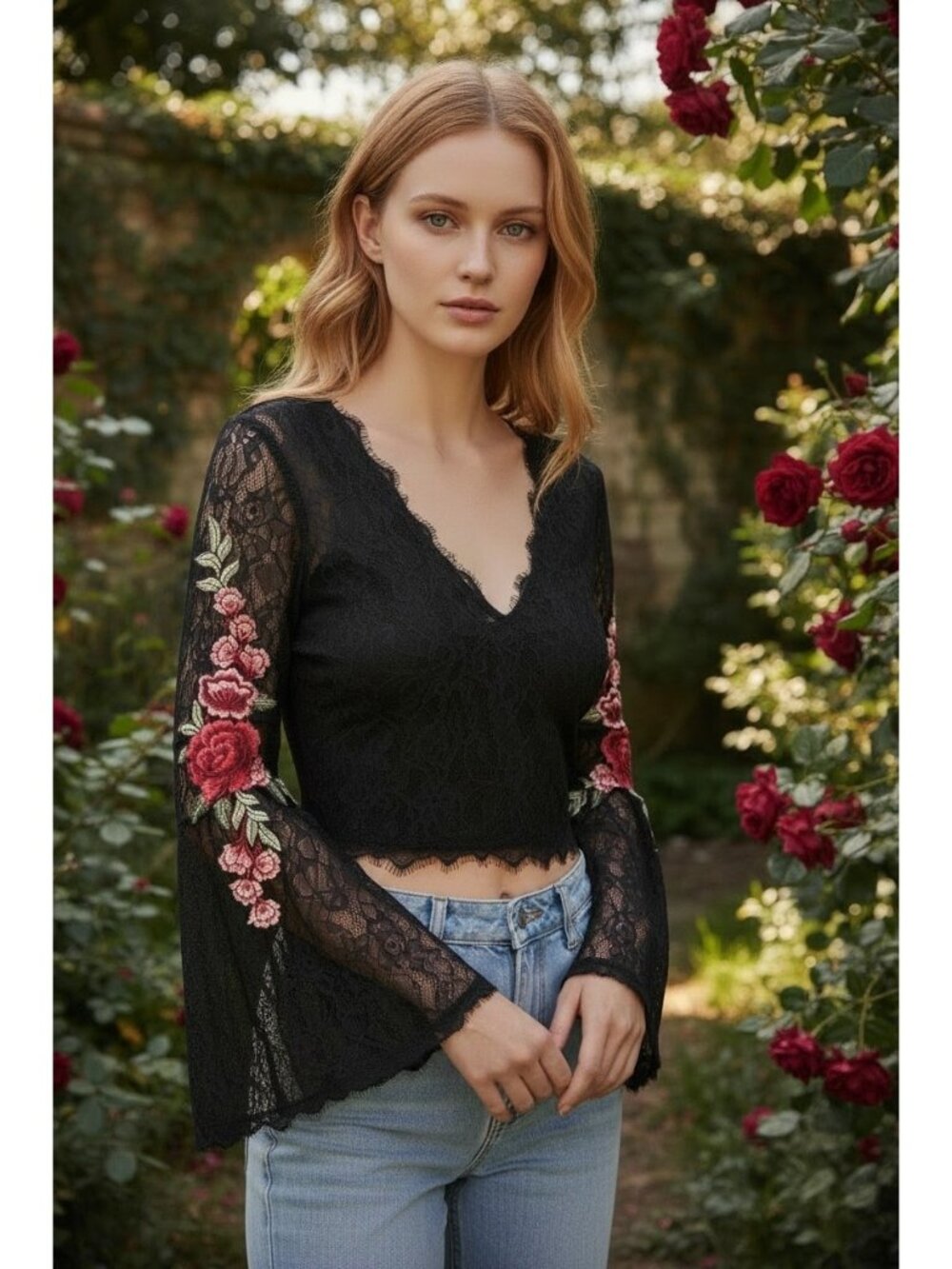 Forever 21 Black Lace Rose Embroidered Bell Sleeve Crop Top S Dark Fairy Goth